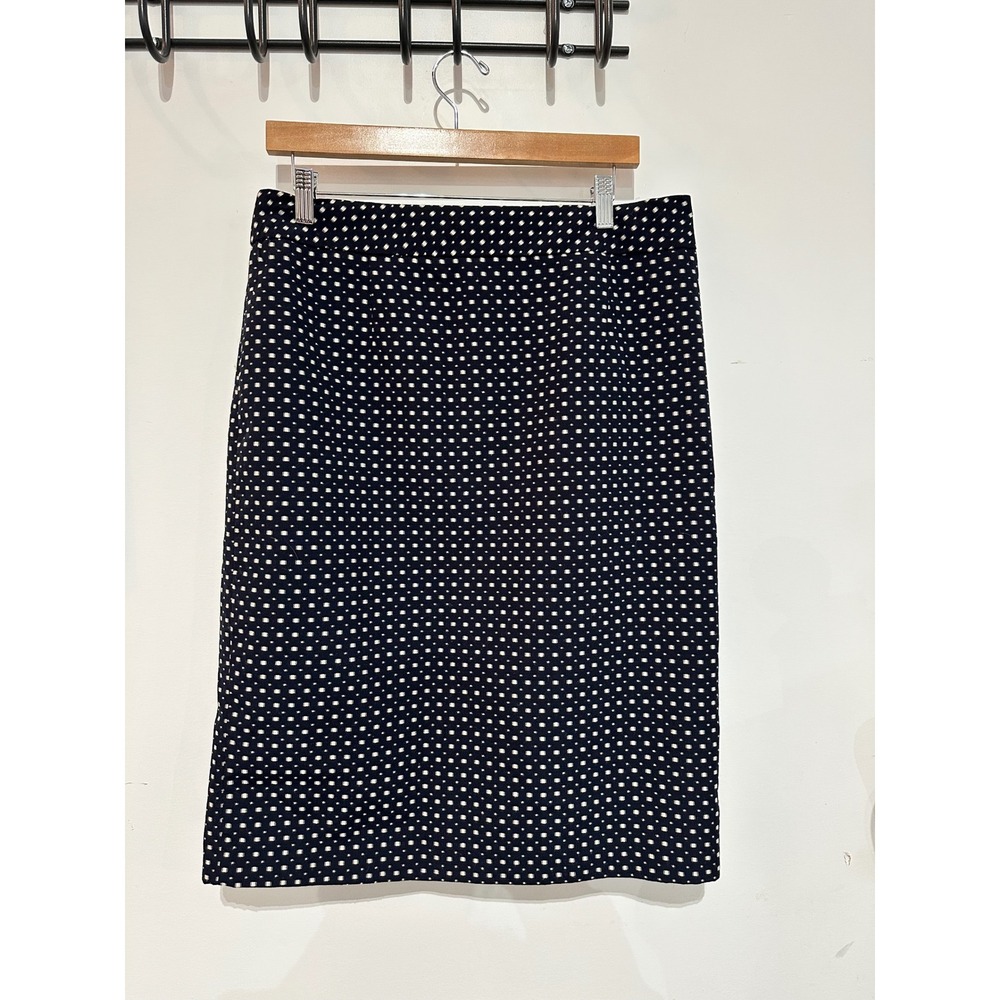 Coldwater Creek Navy Blue White Polka Dot Woven Pencil Skirt Size 12 Office Wear